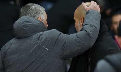 José Mourinho and Pep Guardiola at the Manchester derby. Mourinho later took exception to City’s victory celebrations. 