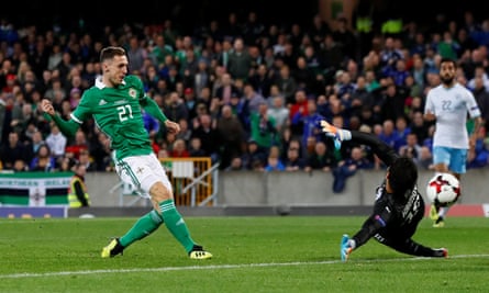 Gavin Whyte scores Northern Ireland’s third goal after coming off the bench in the second half.