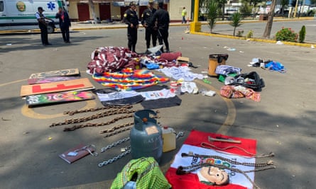 The items that the Peruvian police said belonged to the protesters living on the campus of San Marcos University in Lima.