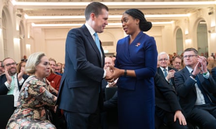 Kemi Badenoch is congratulated by her rival Robert Jenrick after securing the leadership of the Conservative party.