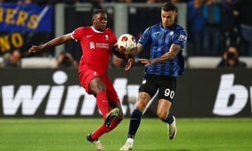 Liverpool's Ibrahima Konate in action with Atalanta's Gianluca Scamacca.