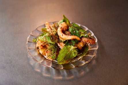 Squid and ‘smoky, sweet’ Tunisian harissa salad at Impala, London W1.