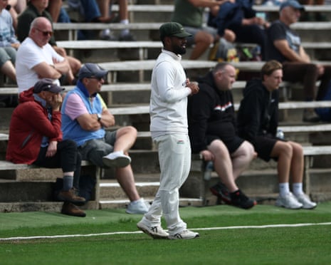 Leicestershire's Rehan Ahmed on the boundary at Scarborough.