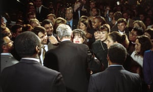 Monica Lewinsky embraces President Bill Clinton at a Democratic fundraiser in October 1996.
