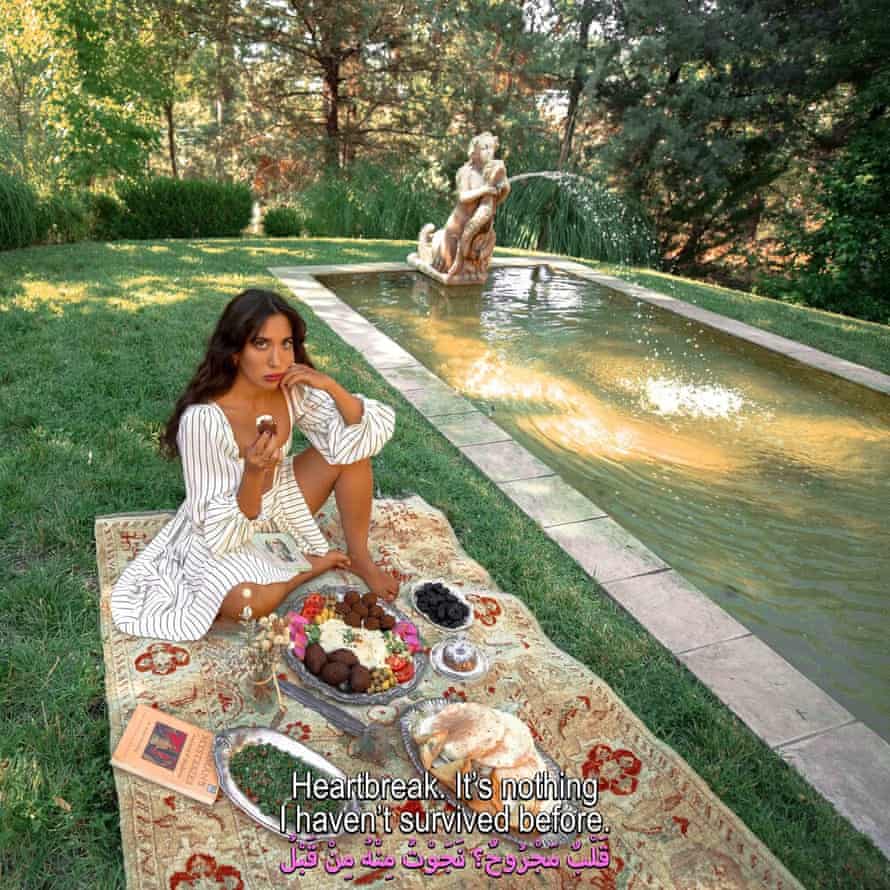 Sarah Bahbah’s work uses cinematic stills with her inner dialogue as captions.