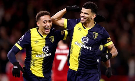 Dominic Solanke (right) celebrates with teammate Marcus Tavernier after scoring their team’s third goal and completing his hat-trick against Forest.