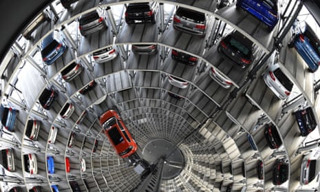 A VW Golf is pictured inside the so-called cat towers of car manufacturer Volkswagen AG at the company’s assembly plant in Wolfsburg, Germany. 
