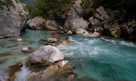 Slovenia, Gorica region, Bovec, Triglav National Park, canoeing in the gorges of Soca river