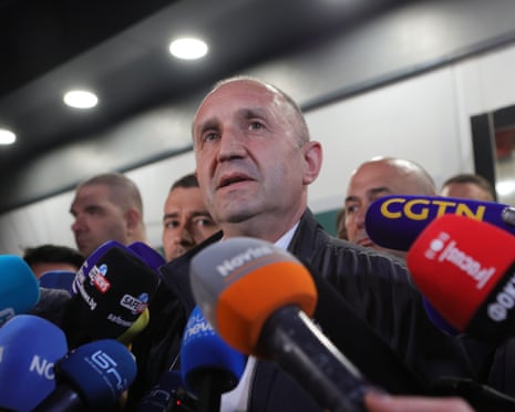 Former Bulgarian president Rumen Radev speaks to journalists after the polls closed in Sunday's election, in Sofia, Bulgaria.
