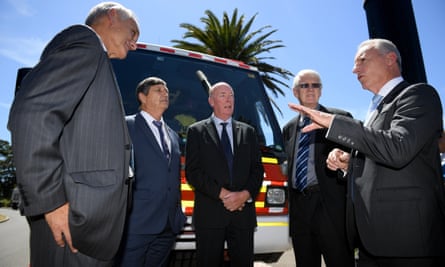 Former emergency services chiefs – (from left): Bob Conroy, Lee Johnson, Mike Brown, Neil Bibby and Greg Mullins – say the government “fundamentally doesn’t like talking about climate change”.
