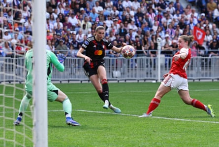 OL Lyonnes’ Jule Brand scores their third goal.