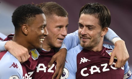 Aston Villa’s Ezri Konsa (left) Jack Grealish (right) celebrate after Ross Barkley scored the fifth goal in their stunning 7-2 win against Liverpool.