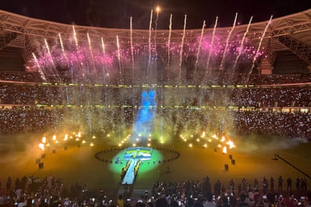 Fans watch fireworks at Al-Ittihad’s stadium in Jeddah during a ceremony to unveil former Real Madrid striker Karim Benzema, on 8 June 2023