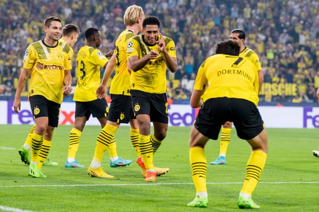 Jude Bellingham celebrates after scoring for Borussia Dortmund in their 3-0 Champions League win over Copenhagen last week.