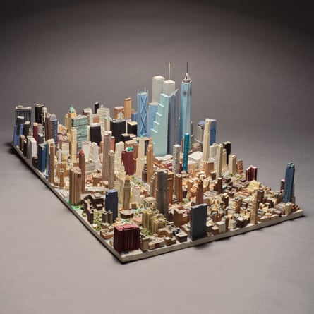 a wooden model of New York City