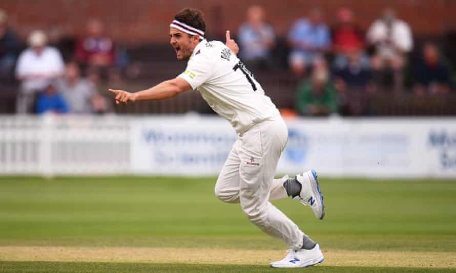 Jack Brooks of Somerset celebrates after taking the wicket of Rishi Patel of Leicestershire on 5 July 2021