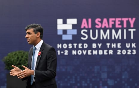 Rishi Sunak speaking to reporters this morning at the Bletchley Park AI safety summit.