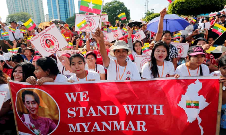 Protest in Yangon in support of Aung San Suu Kyi
