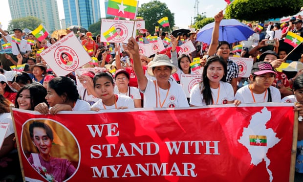 Protest in Yangon in support of Aung San Suu Kyi