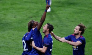 Manchester United’s Paul Pogba celebrates with Matteo Darmian after scoring in the 2017 Europa League final against Ajax.