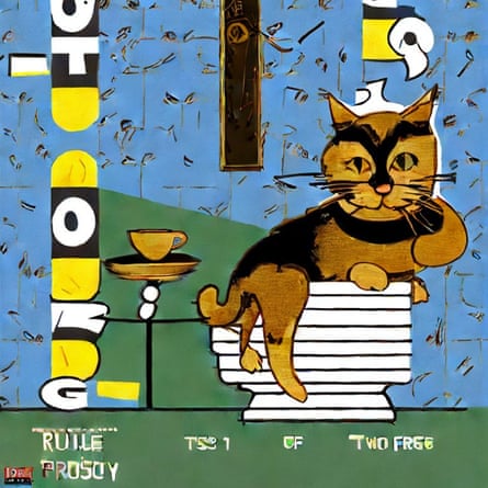 An AI-generated image of a cat sitting in an abstract living room, generated by Rachel Ossip using Stable Diffusion.