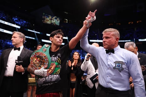 Ryan Garcia celebrates after his TKO victory over Conor Benn.