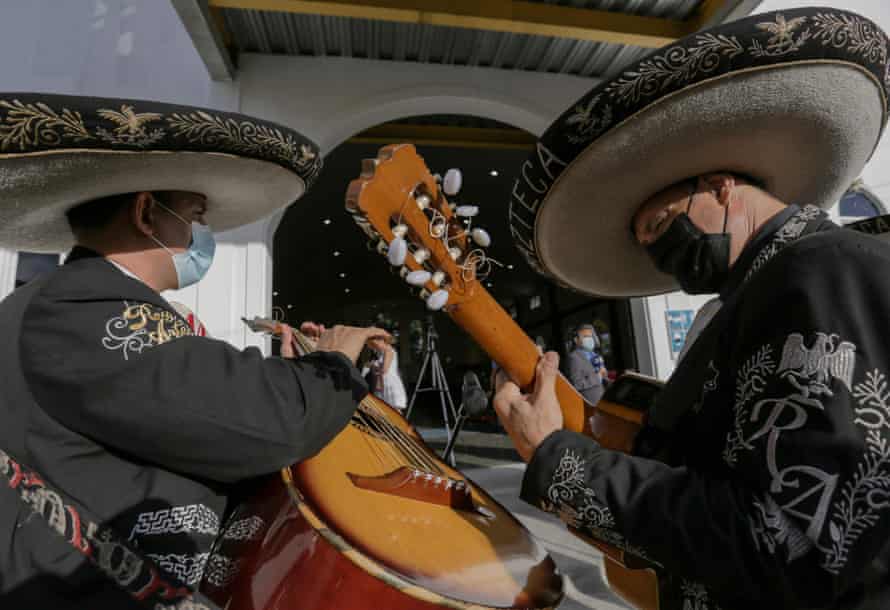 Mariachi Rey Azteca band performing in front of the San Gerardo Mayela Church commemorating Mother’s Day in Panama City.
