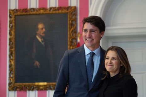 Chrystia Freeland with Justin Trudeau in Ottawa on Wednesday.