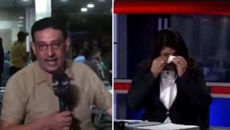 'We can't take it': journalist breaks down on air reporting colleague's death in Gaza – video