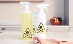 Bottles of cleaning products on a kitchen counter with yellow toxic stickers on them
