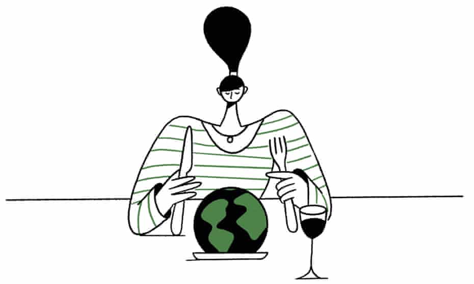 Illustration of women at dining table with world on a plate