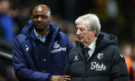 Roy Hodgson talks to his successor at Crystal Palace, Patrick Vieira, while in charge at Watford.