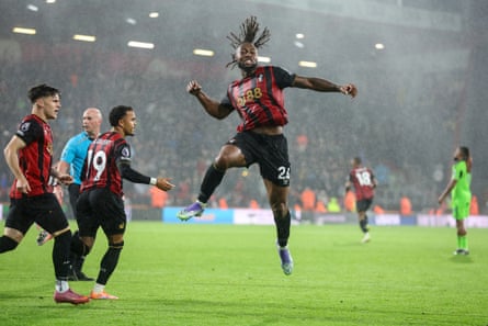 Antoine Semenyo, jumping in celebration, scored twice against Fulham.
