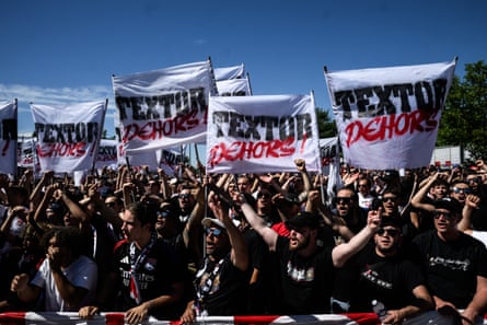 Lyon ultras protest against John Textor with banners meaning “Textor out”