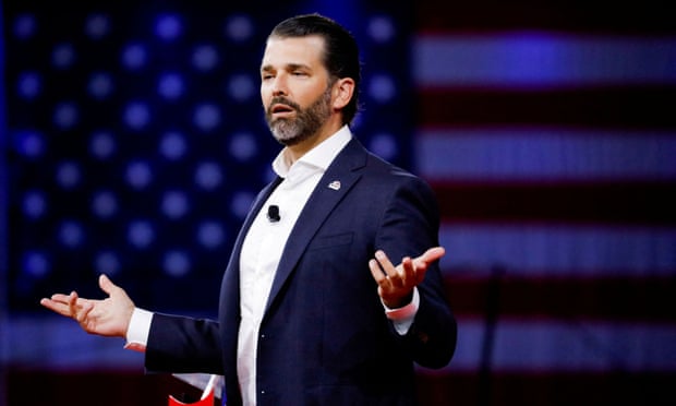 Donald Trump Jr gestures as he speaks at the CPAC in Orlando, Florida.