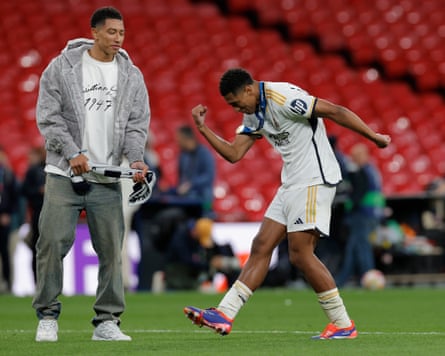 Jude Bellingham (right) celebrates victory at the 2024 Champions League final with his brother Jobe at Wembley.