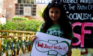 A woman in New Delhi supports the Happy to Bleed campaign