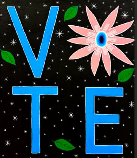 A piece of art: large blue letters reading ‘VOTE’, with a flower in place of the O, against a black starry background with green leaves