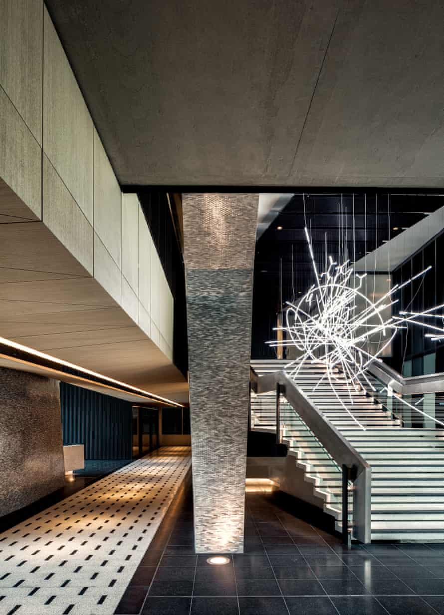 Centre Point’s lobby area, featuring a Cerith Wyn Evans light installation.