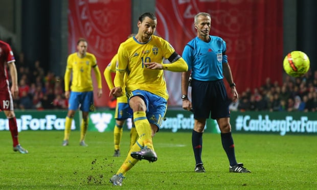 Zlatan Ibrahimovic fires home a free-kick for Sweden’s second goal against Denmark.