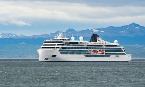 Viking Polaris ship anchored in waters of the Atlantic Ocean in Ushuaia, southern Argentina.