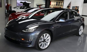A Tesla Model 3 is seen in a showroom in Los Angeles in January 2018.