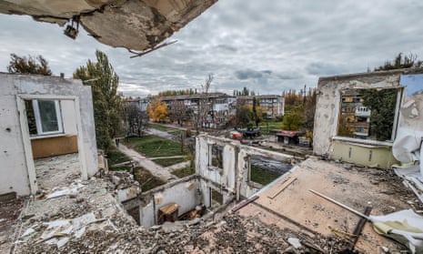 Damaged flats at a residential building in Nikopol, Ukraine.