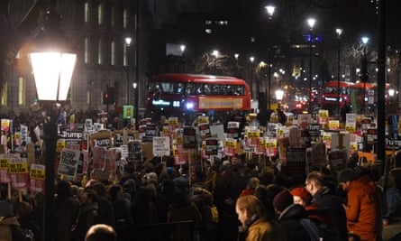 A sea of banners during a demonstration outside 10 Downing Street in London.