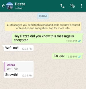An example of an end-to-end encrypted conversation in WhatsApp