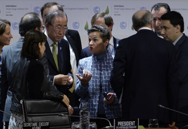 The UN climate chief, Christiana Figueres, speaking to the French president, François Hollande, and UN secretary general, Ban Ki-moon