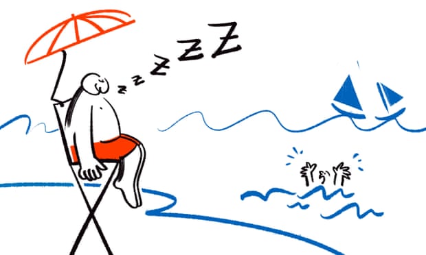 Illustration of a figure sitting in a lifeguard chair asleep while person struggles in the sea