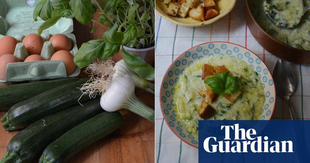 Rachel Roddy’s recipe for courgette soup with egg, parmesan and croutons