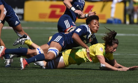 USA women, in blue, take on Australia at the Canada Sevens in Langford, British Columbia last weekend.