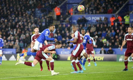 Ricardo Pereira heads the ball past West Ham’s defence to take Leicester City into the lead in the second half